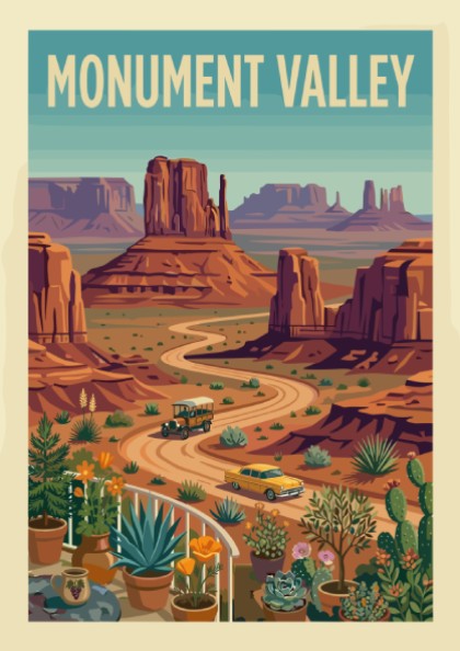 Vintage Monument Valley travel poster with desert landscape, buttes, and retro cars in a warm, earthy color
