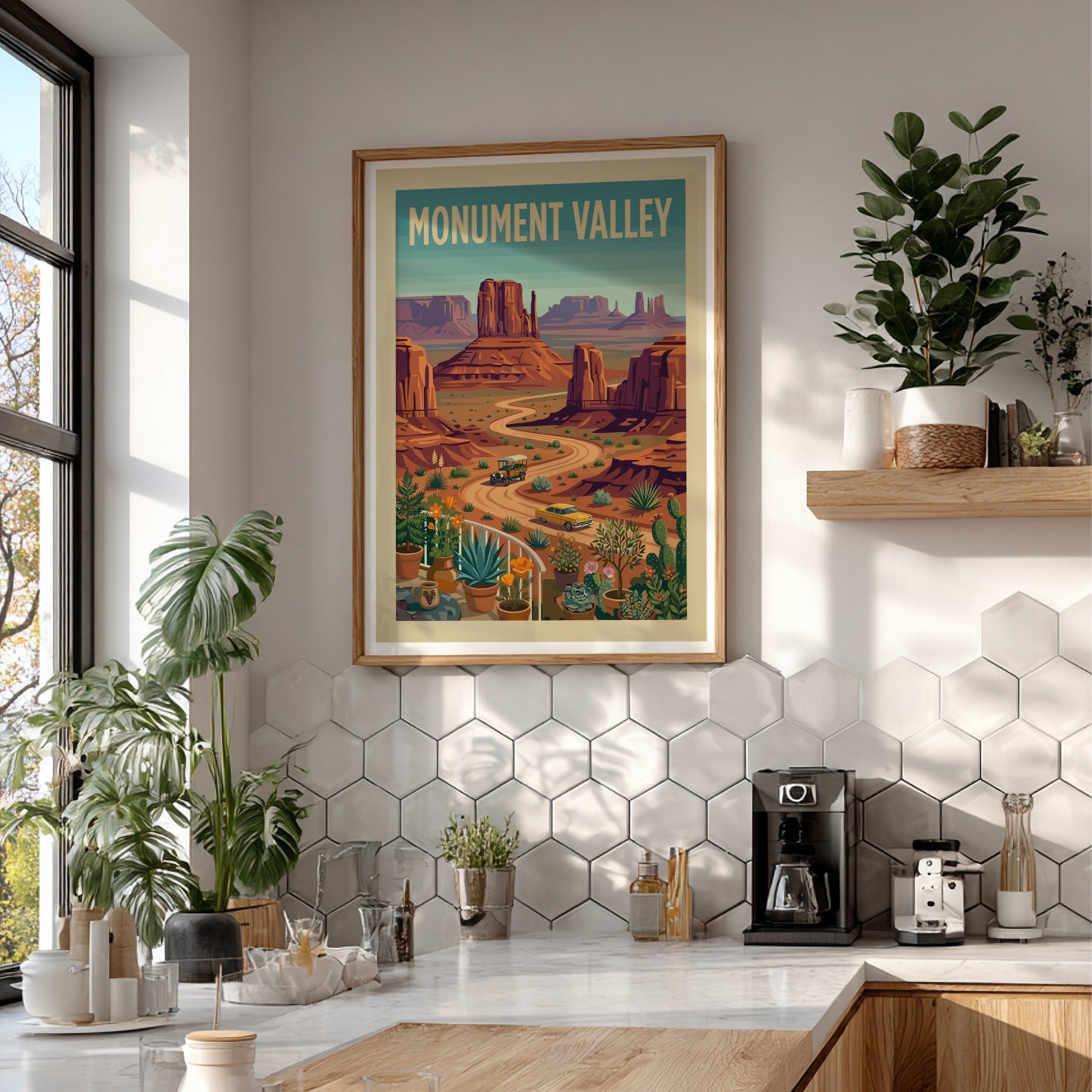 Vintage Monument Valley travel poster with desert landscape, buttes, and retro cars in a warm, earthy color