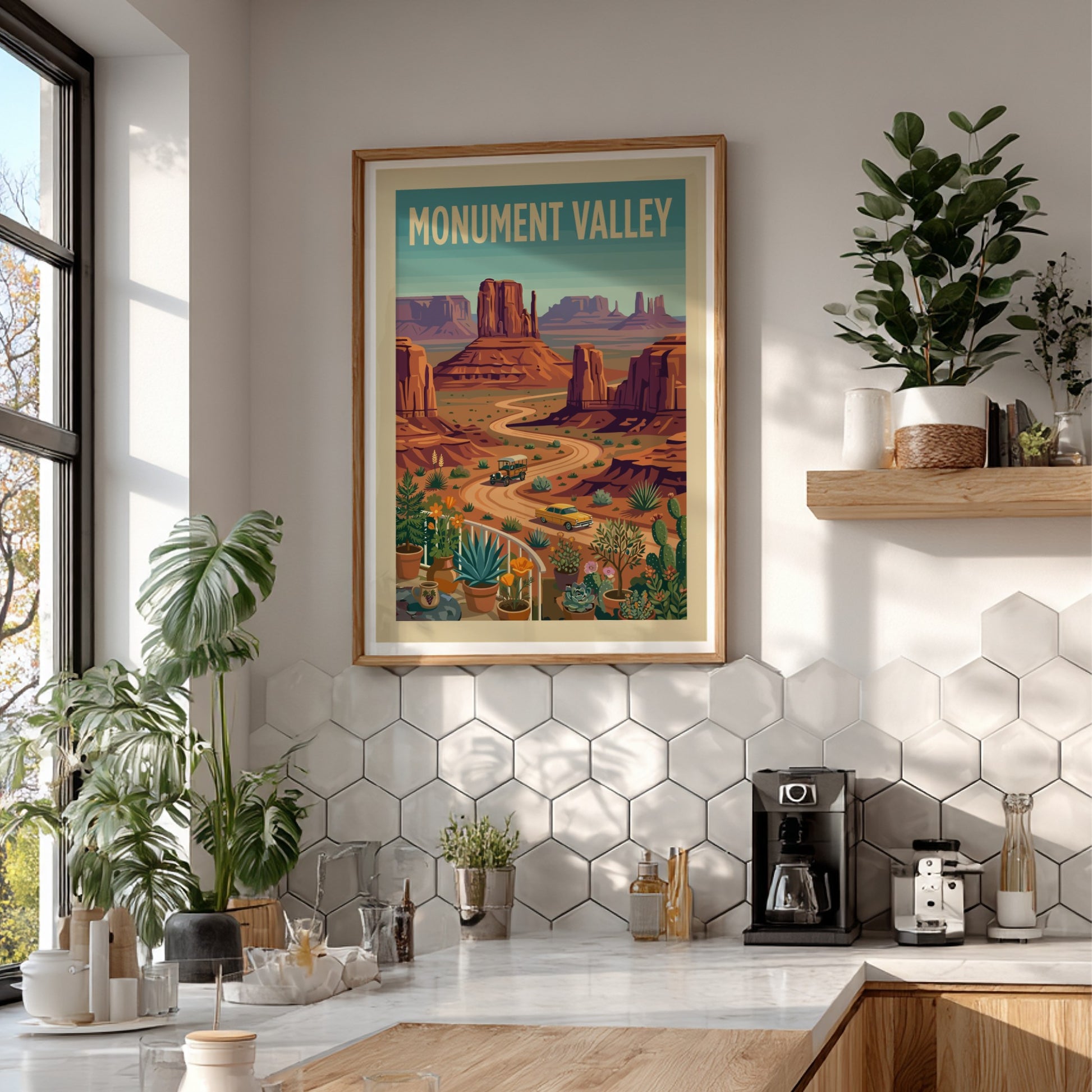 Vintage Monument Valley travel poster with desert landscape, buttes, and retro cars in a warm, earthy color