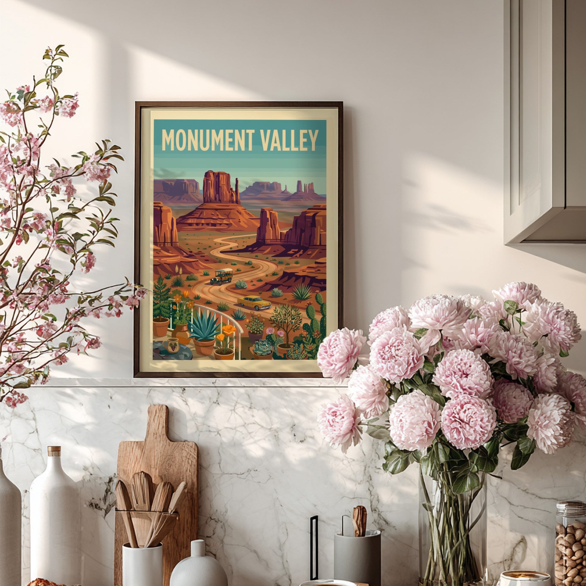Vintage Monument Valley travel poster with desert landscape, buttes, and retro cars in a warm, earthy color