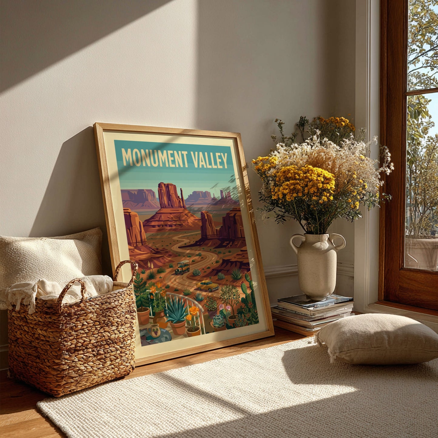 Vintage Monument Valley travel poster with desert landscape, buttes, and retro cars in a warm, earthy color