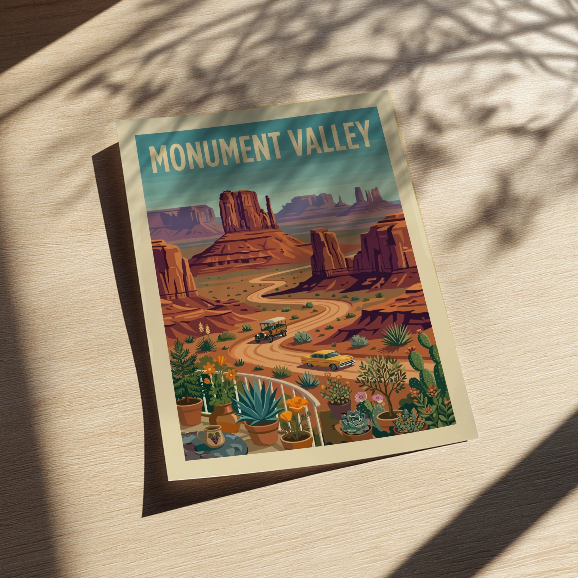 Vintage Monument Valley travel poster with desert landscape, buttes, and retro cars in a warm, earthy color