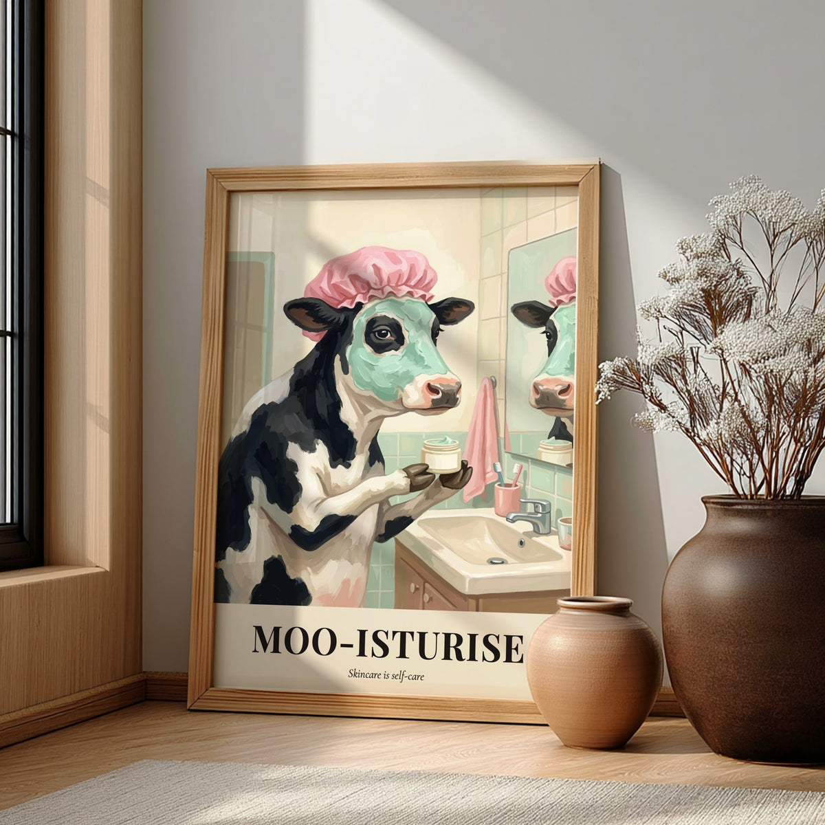Poster of a cow wearing a shower cap and face mask in a bathroom.