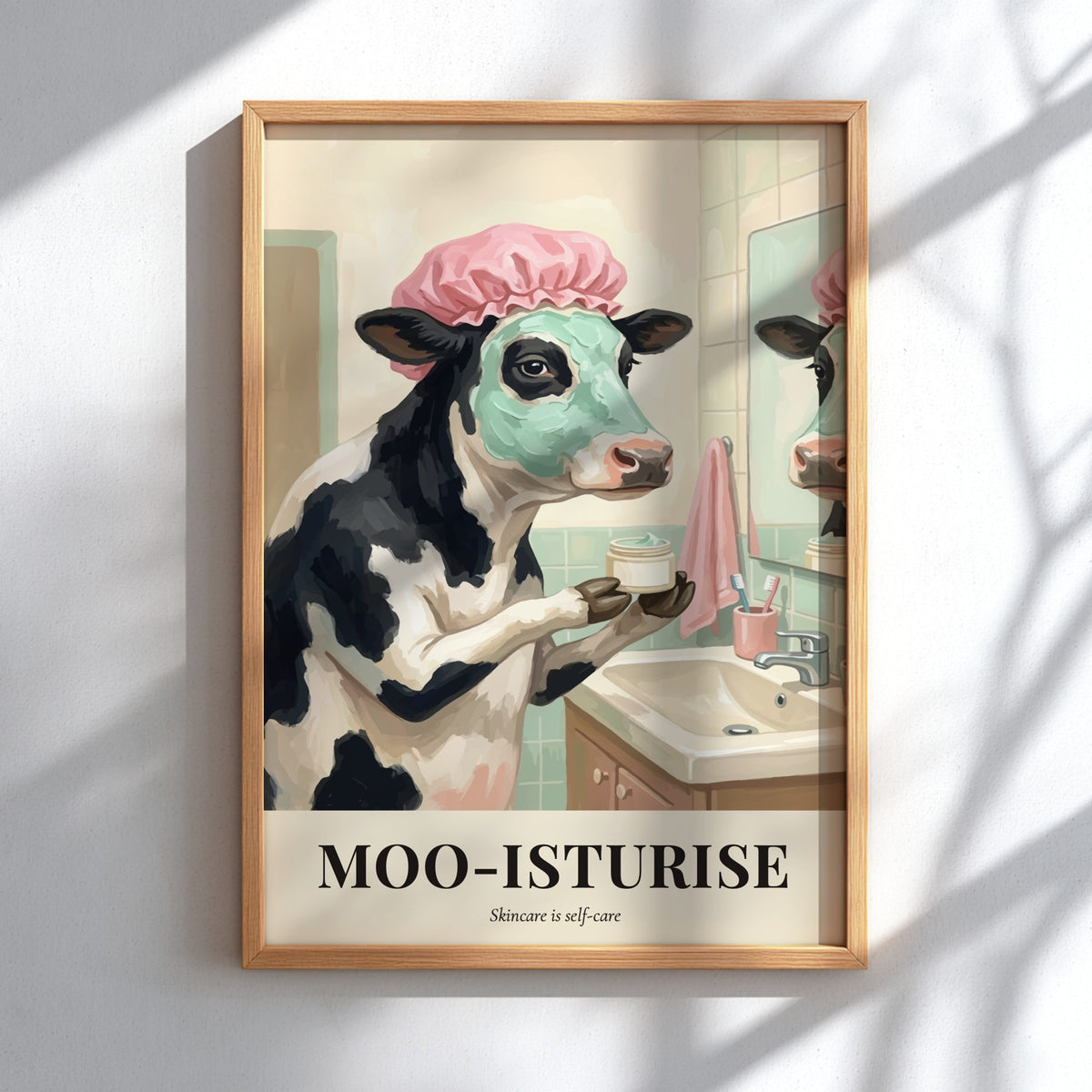 Poster of a cow wearing a shower cap and face mask in a bathroom.