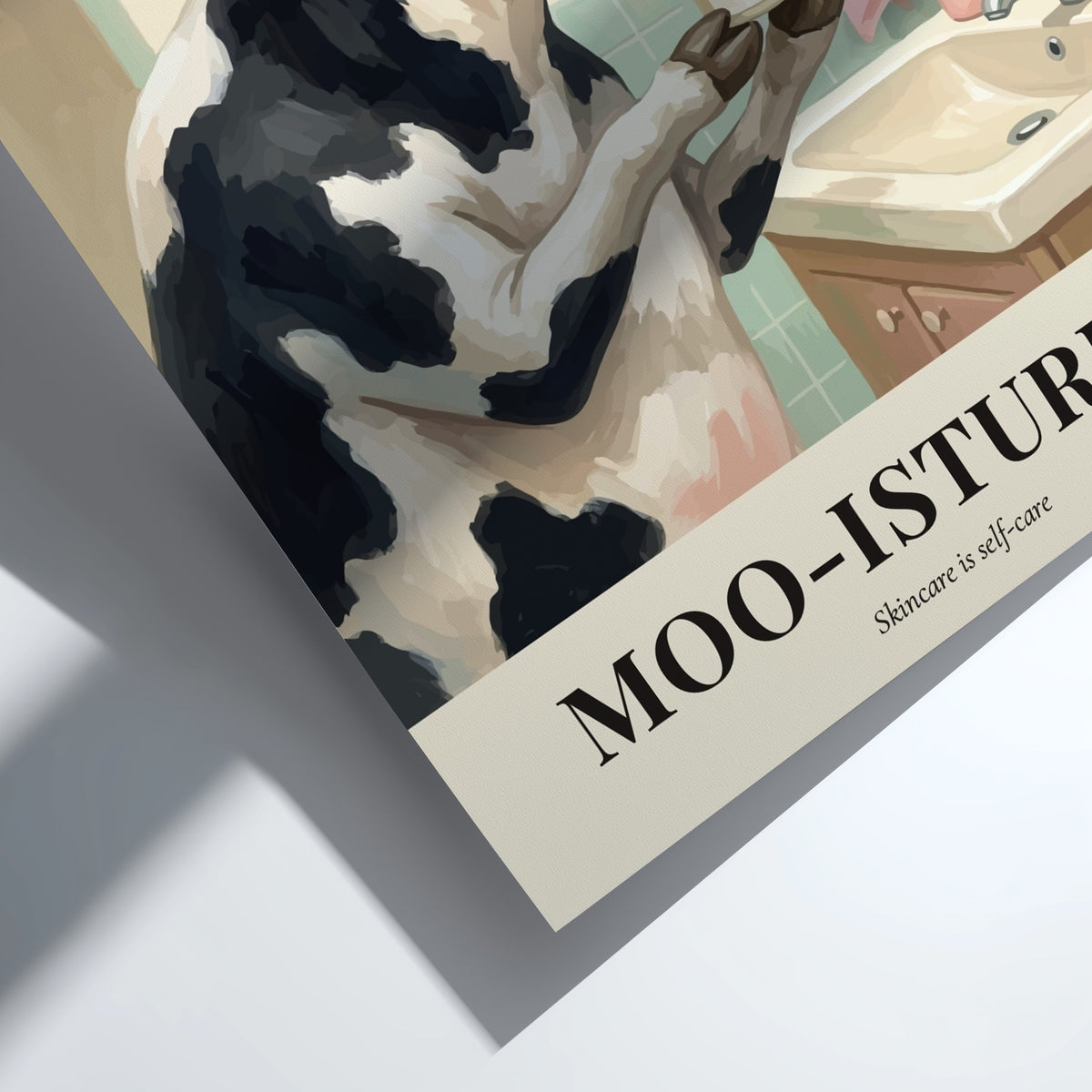 Poster of a cow wearing a shower cap and face mask in a bathroom.