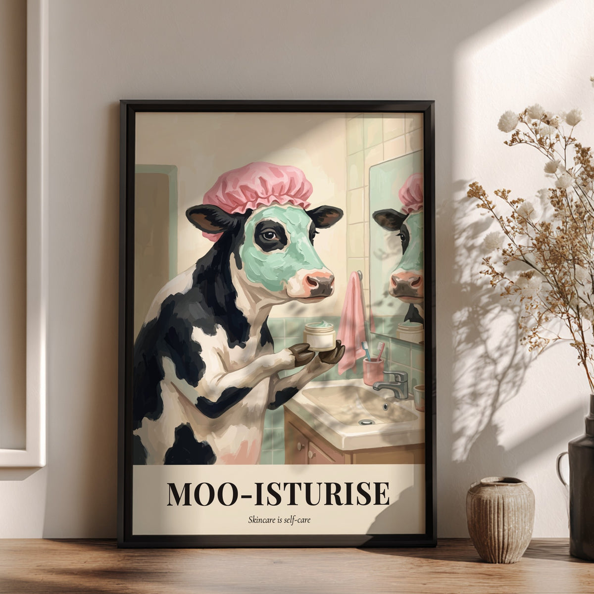 Poster of a cow wearing a shower cap and face mask in a bathroom.