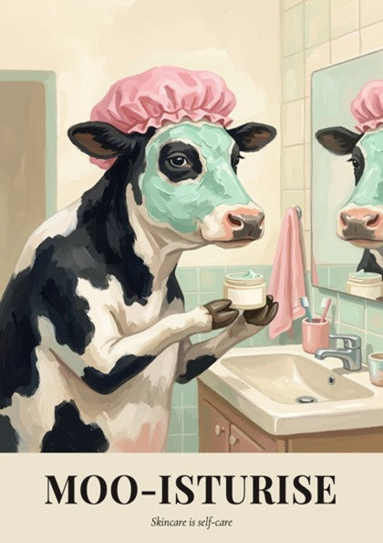 Poster of a cow wearing a shower cap and face mask in a bathroom.