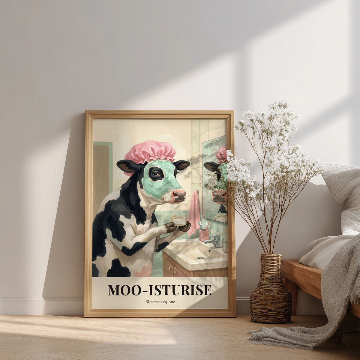 Poster of a cow wearing a shower cap and face mask in a bathroom.