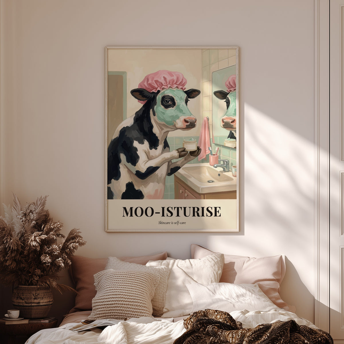 Poster of a cow wearing a shower cap and face mask in a bathroom.