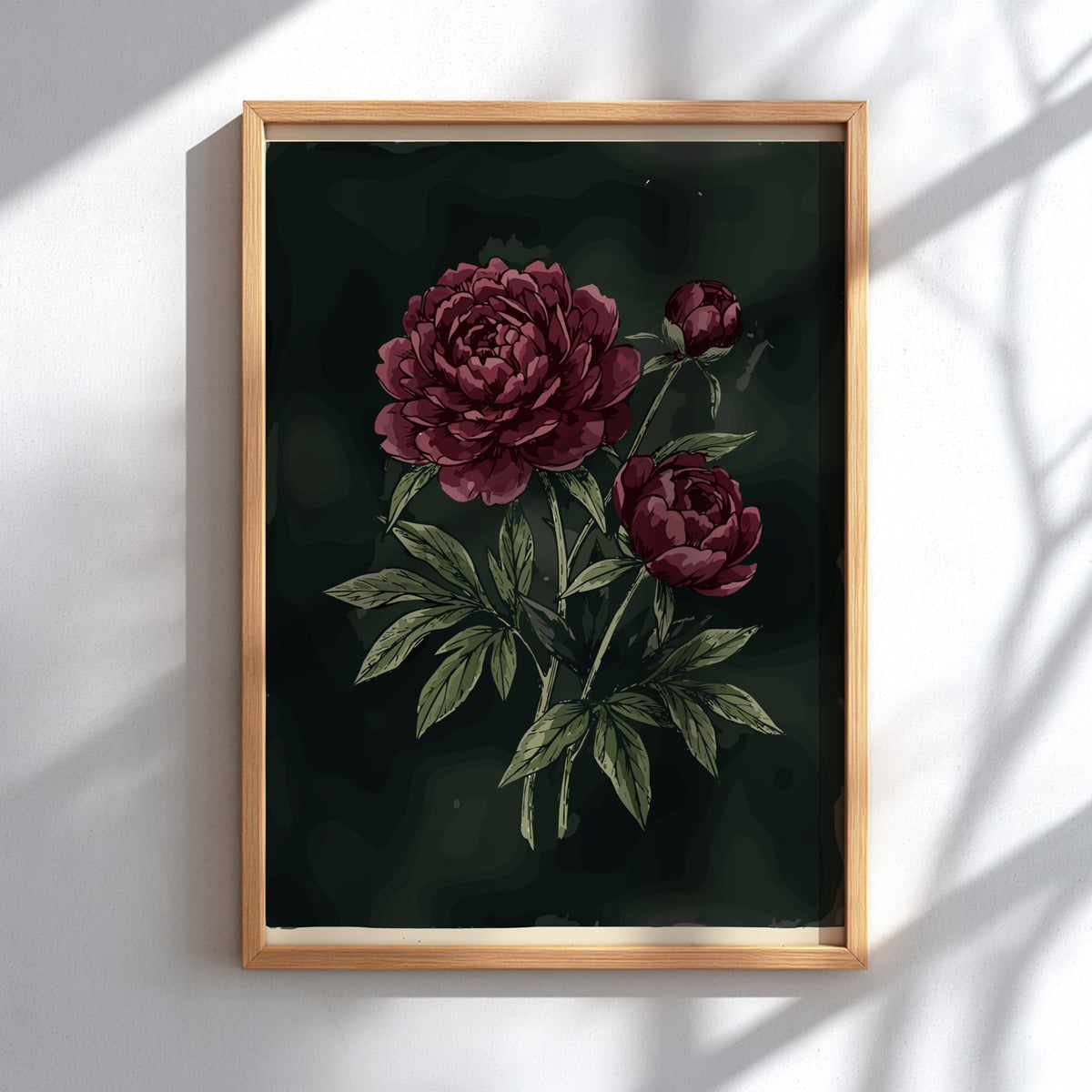 Poster featuring deep crimson peonies and olive leaves against a dark moody charcoal background.