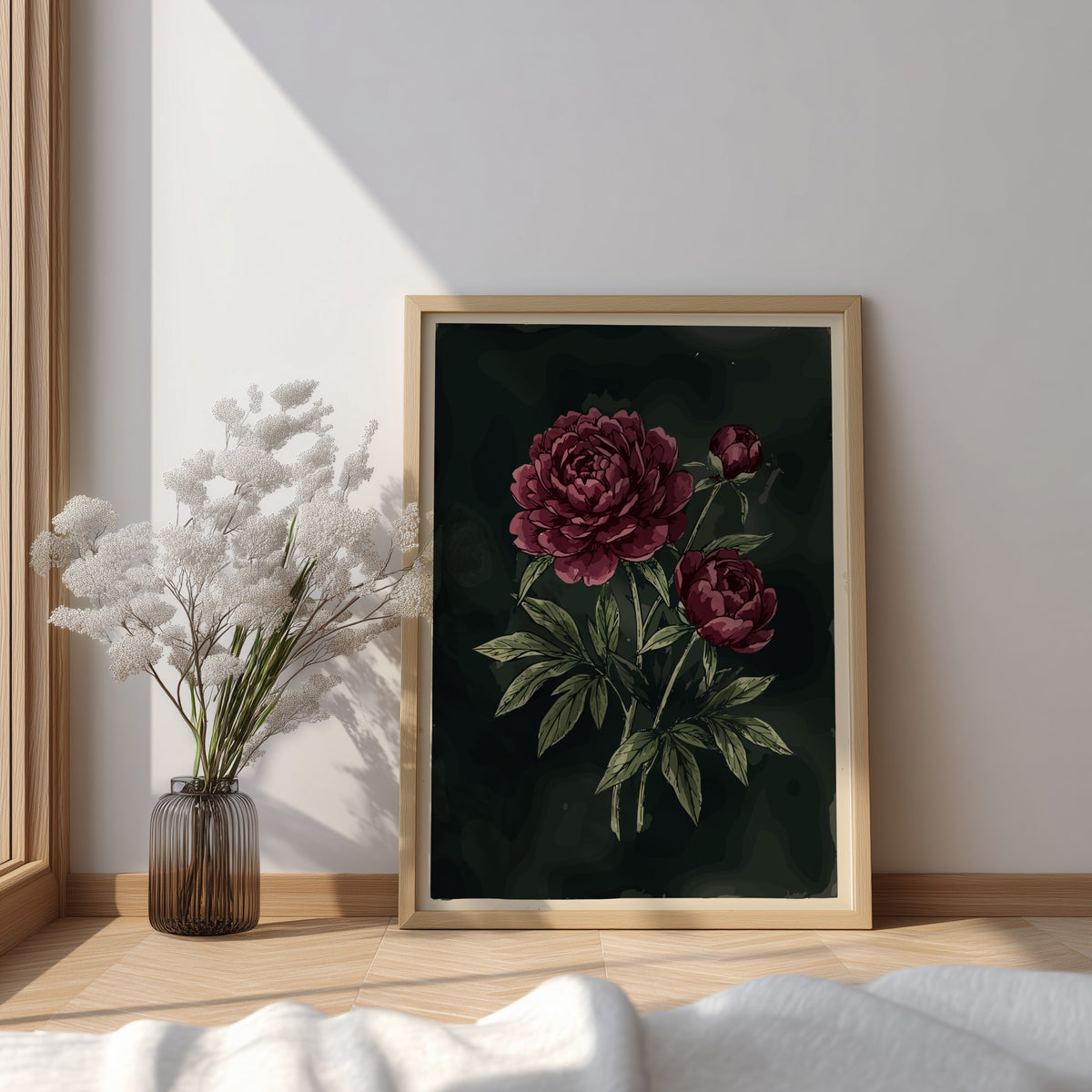 Poster featuring deep crimson peonies and olive leaves against a dark moody charcoal background.