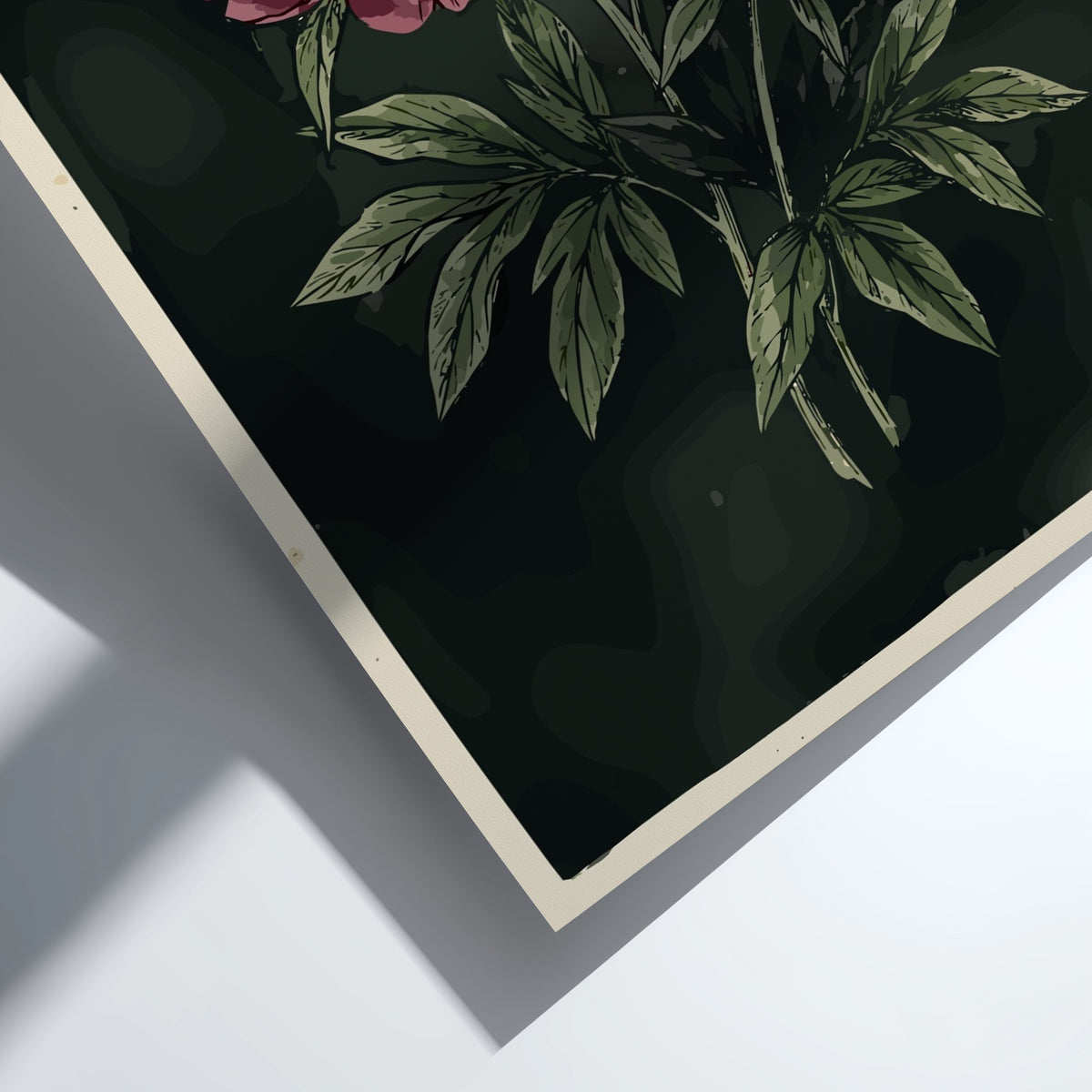 Poster featuring deep crimson peonies and olive leaves against a dark moody charcoal background.