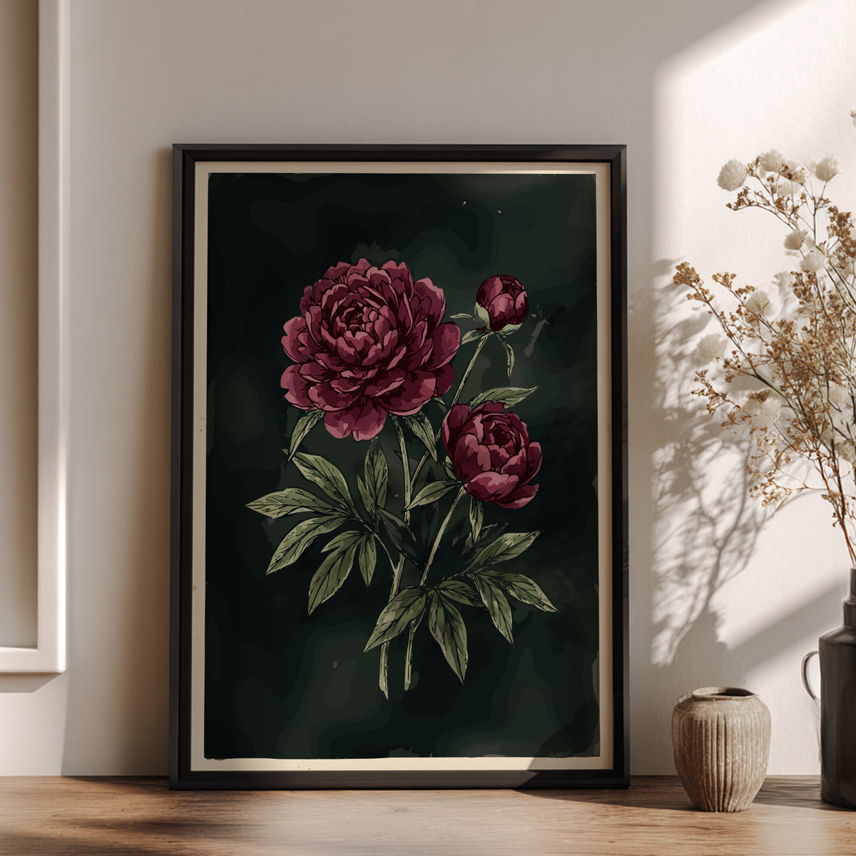 Poster featuring deep crimson peonies and olive leaves against a dark moody charcoal background.