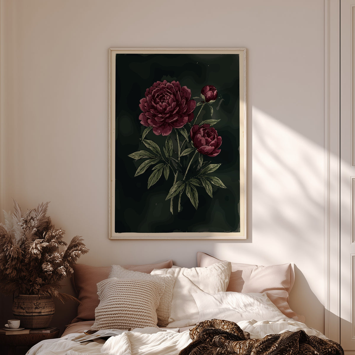 Poster featuring deep crimson peonies and olive leaves against a dark moody charcoal background.