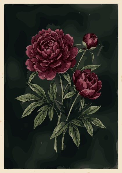 Poster featuring deep crimson peonies and olive leaves against a dark moody charcoal background.
