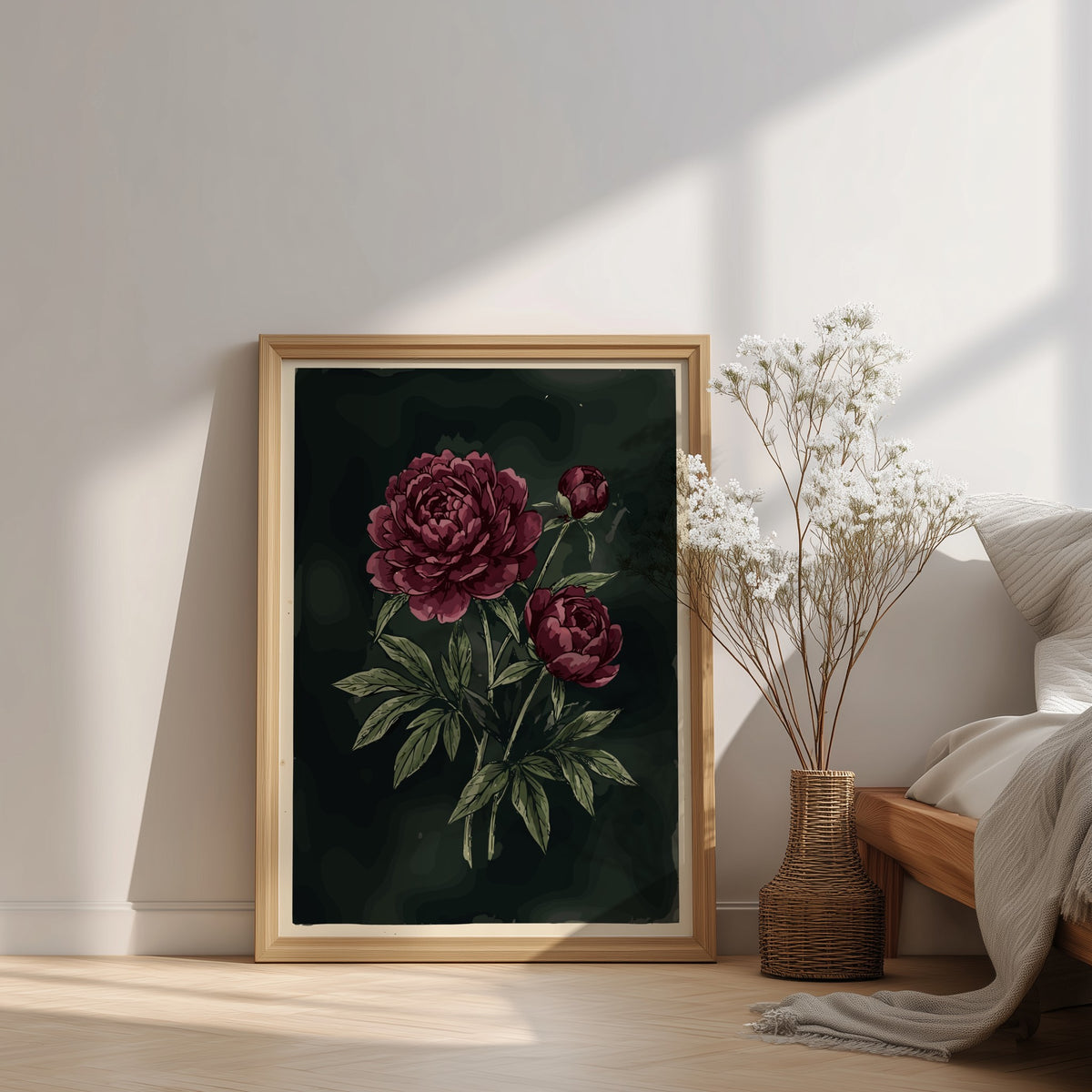 Poster featuring deep crimson peonies and olive leaves against a dark moody charcoal background.
