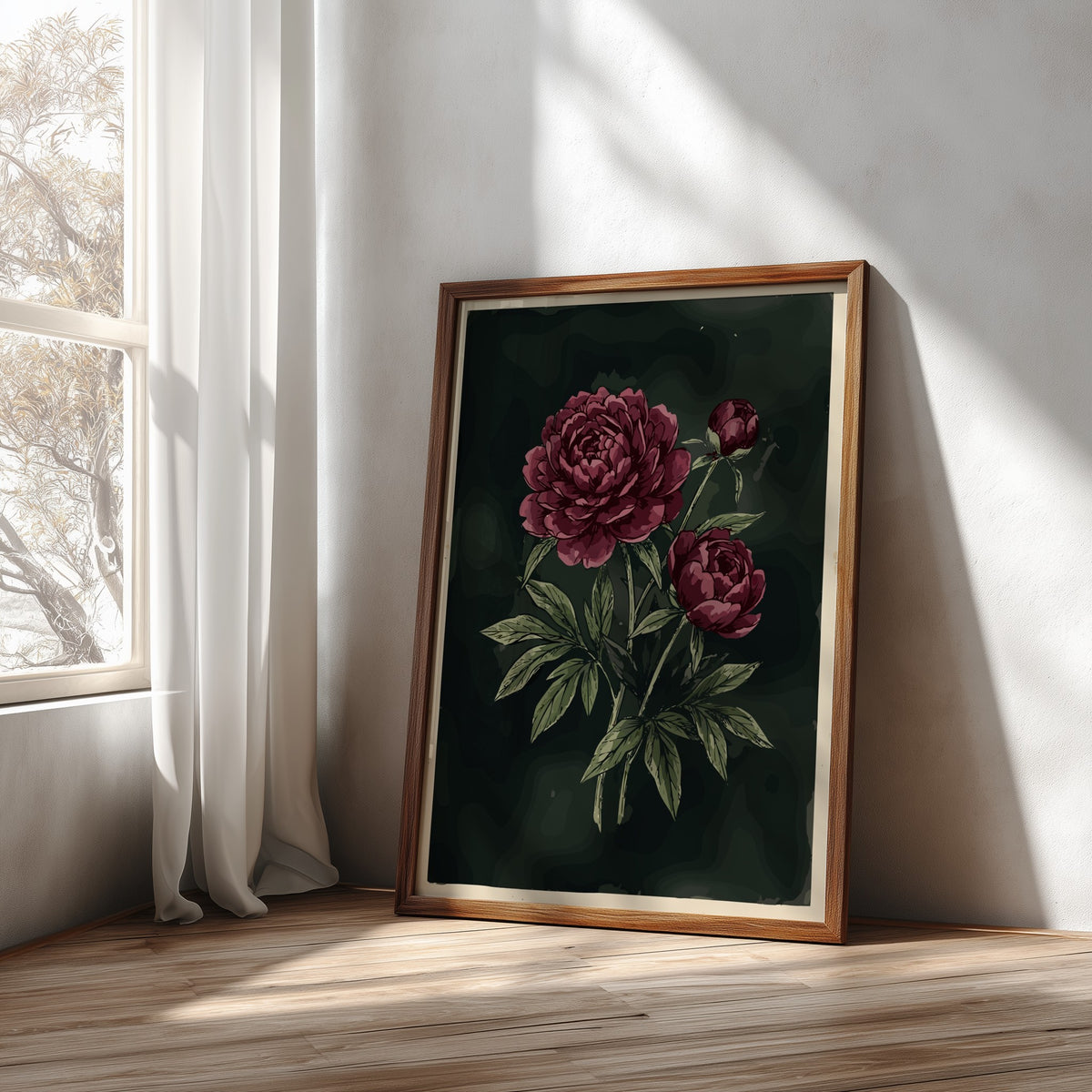 Poster featuring deep crimson peonies and olive leaves against a dark moody charcoal background.