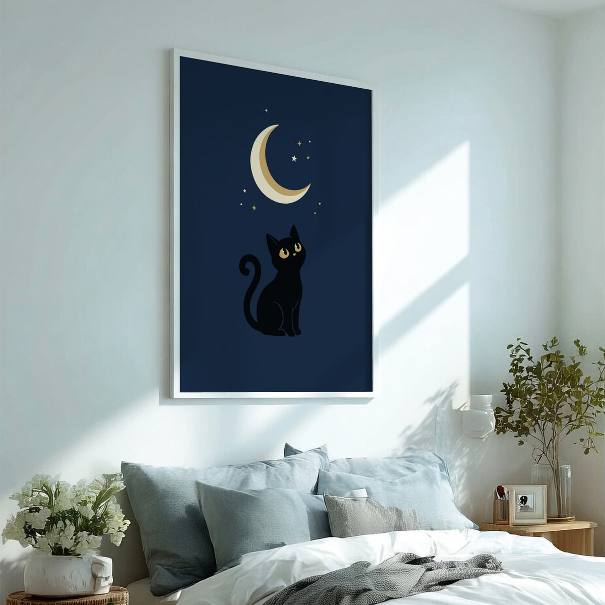 Poster featuring a black cat looking up at a glowing golden crescent moon above