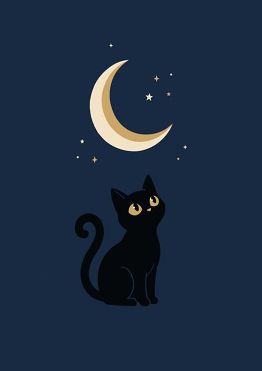 Poster featuring a black cat looking up at a glowing golden crescent moon above