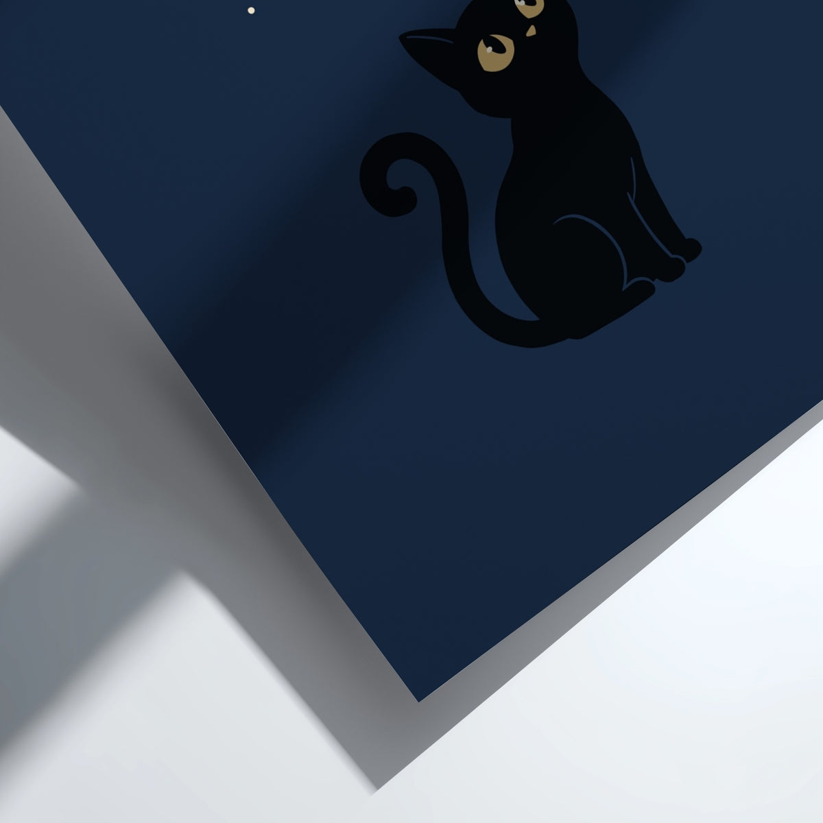 Poster featuring a black cat looking up at a glowing golden crescent moon above