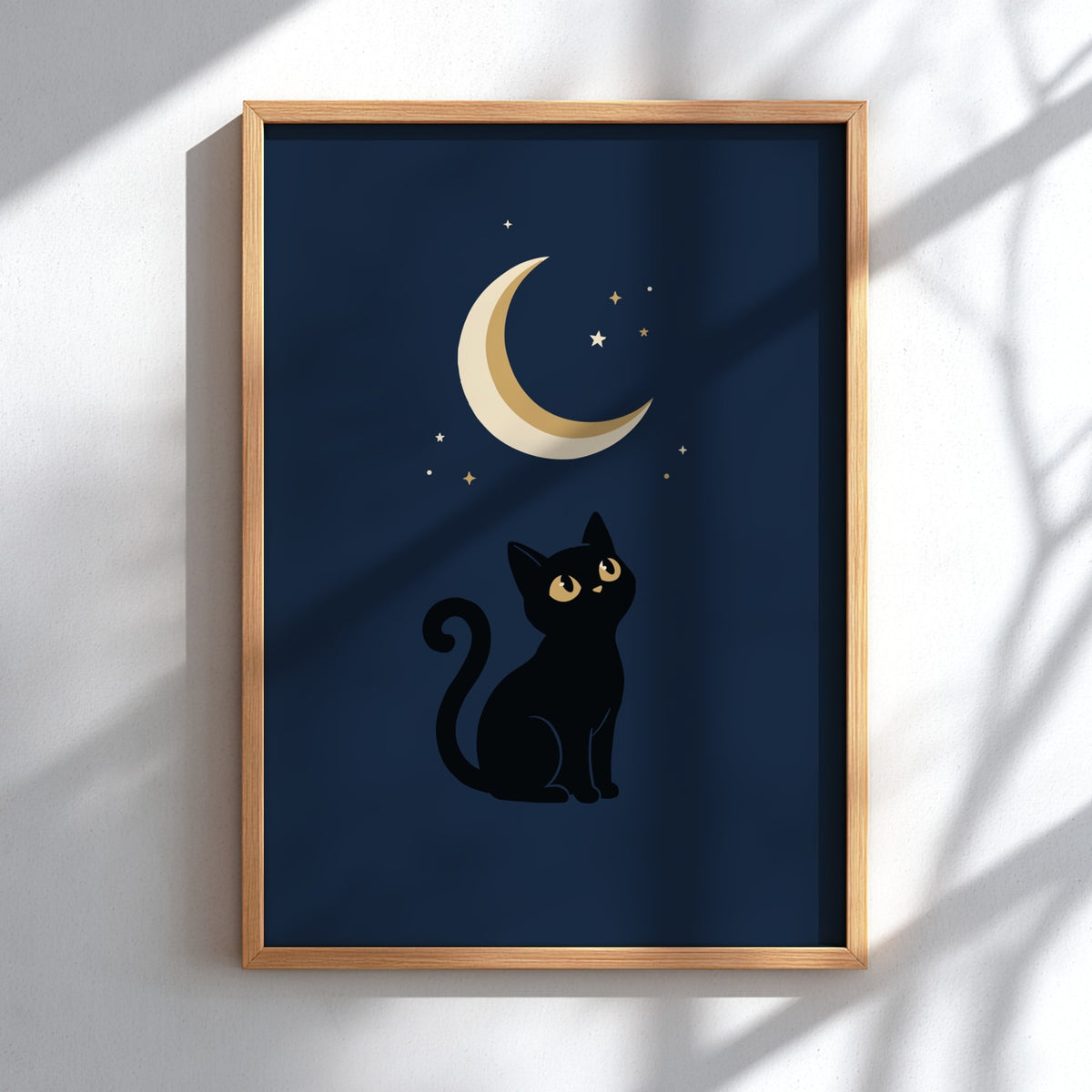 Poster featuring a black cat looking up at a glowing golden crescent moon above