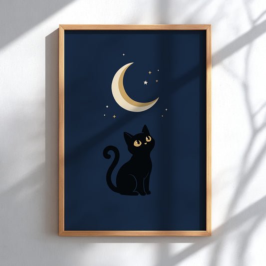 Poster featuring a black cat looking up at a glowing golden crescent moon above