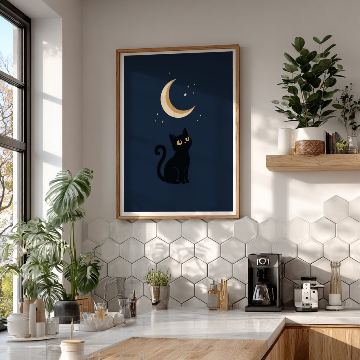 Poster featuring a black cat looking up at a glowing golden crescent moon above