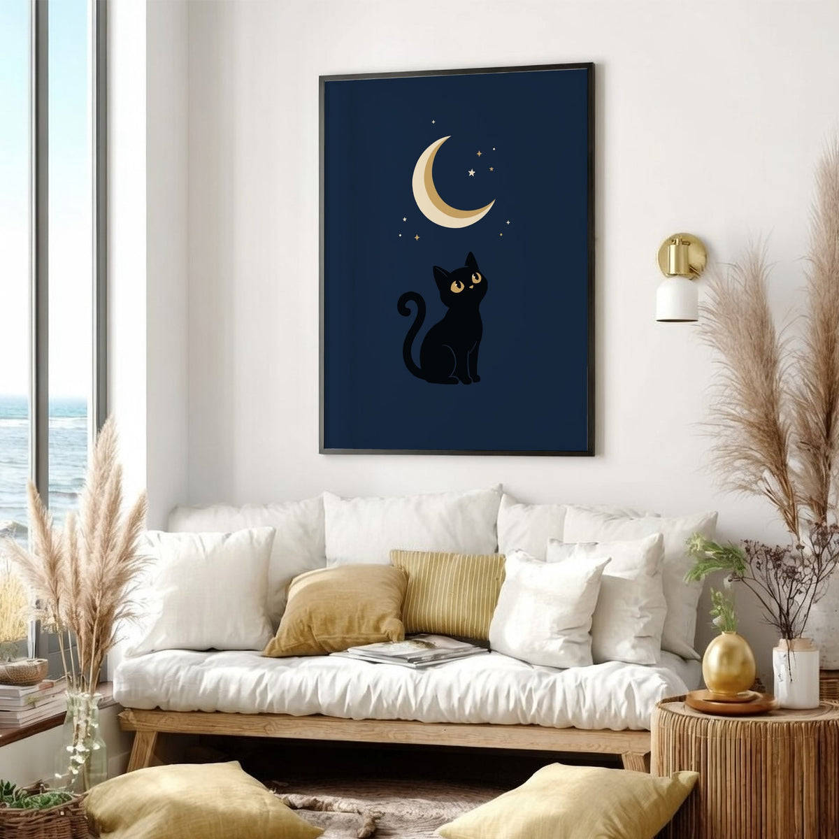 Poster featuring a black cat looking up at a glowing golden crescent moon above