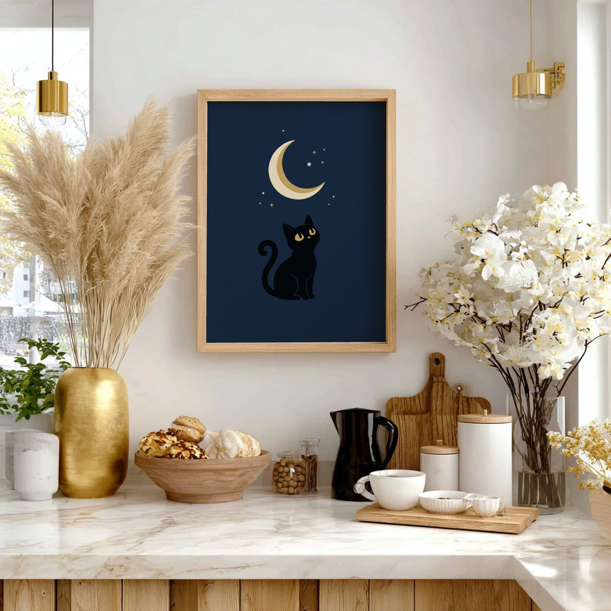 Poster featuring a black cat looking up at a glowing golden crescent moon above