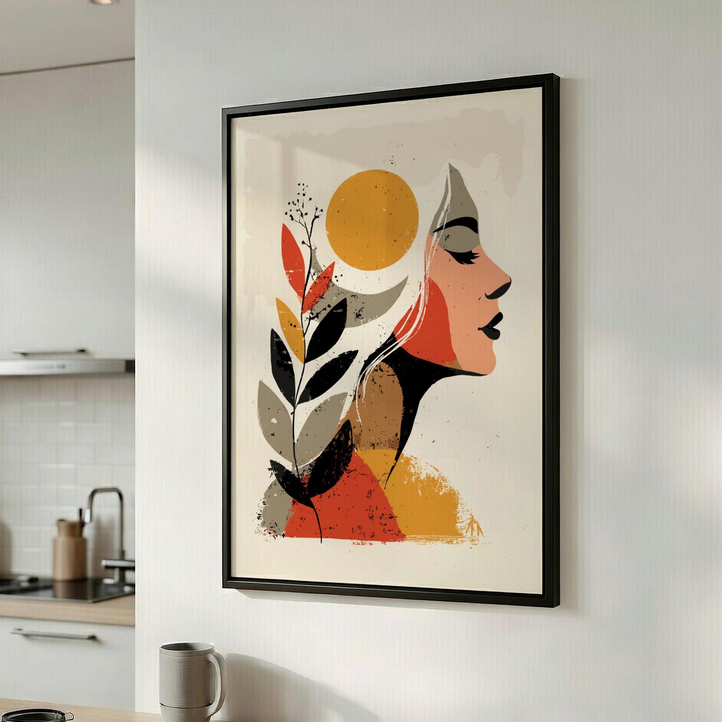 Framed abstract art of a woman's face with flowers in a modern kitchen.
