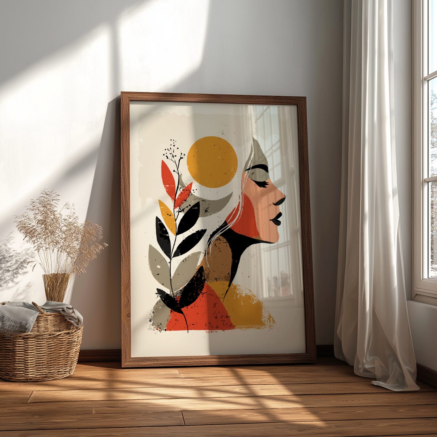 Framed abstract art print of a face with leaves in a room with sunlight streaming through a window.
