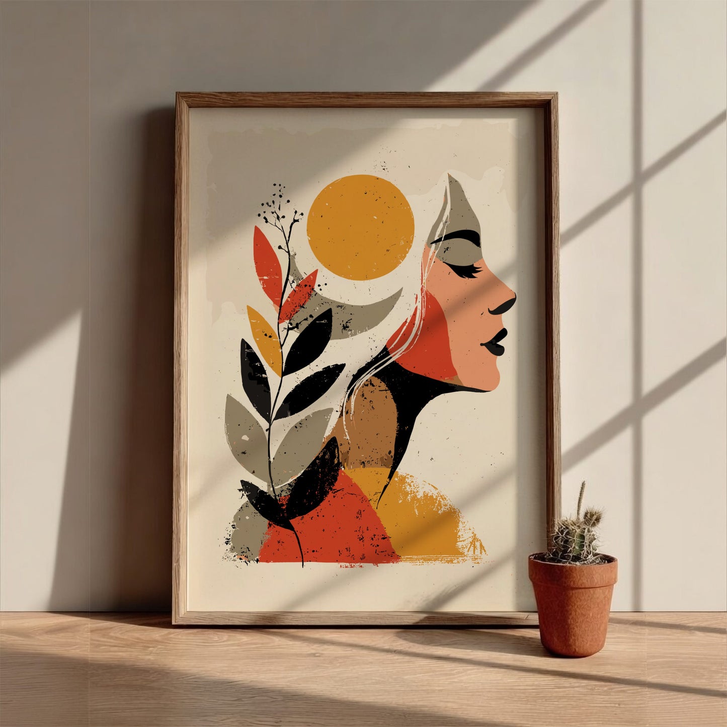 Framed abstract art of a woman's profile with nature elements on a wall.