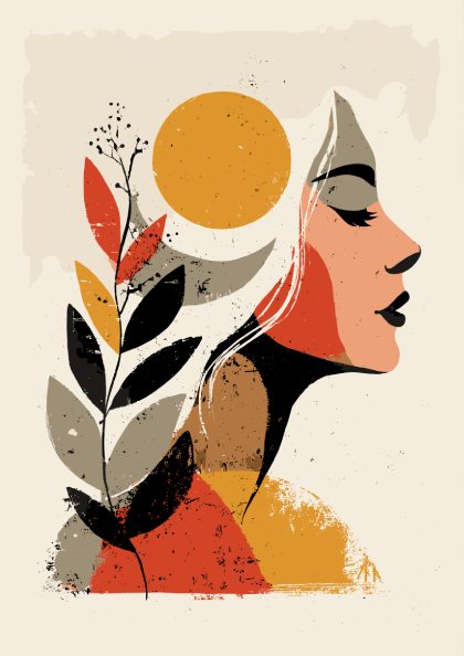 Artistic illustration of a woman's profile with abstract elements on a beige background