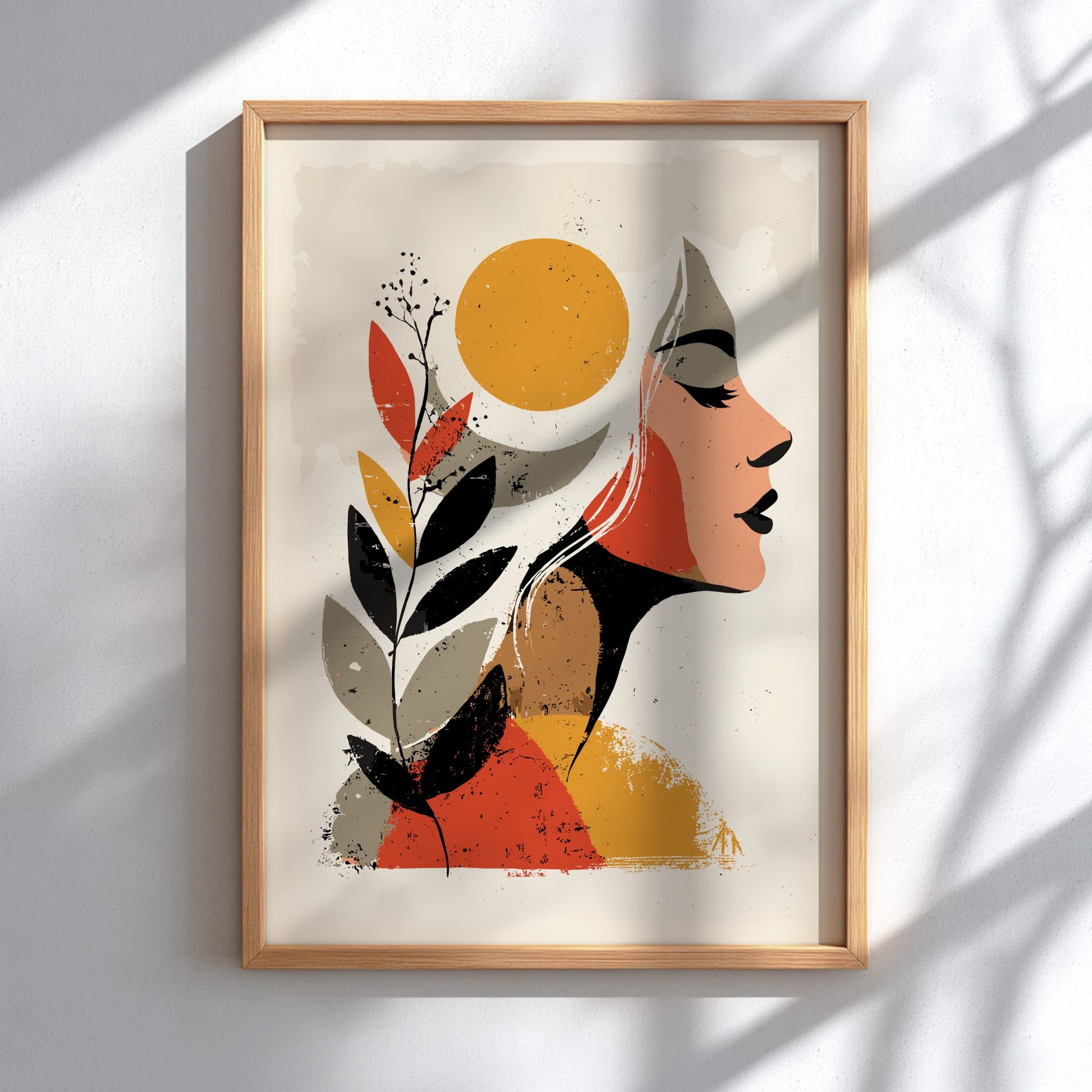 Framed abstract art print of a stylized face with leaves and sun on a white wall.