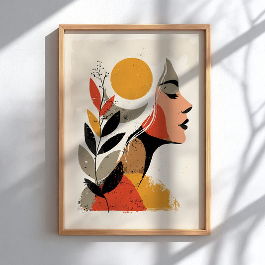 Framed abstract art print of a stylized face with leaves and sun on a white wall.