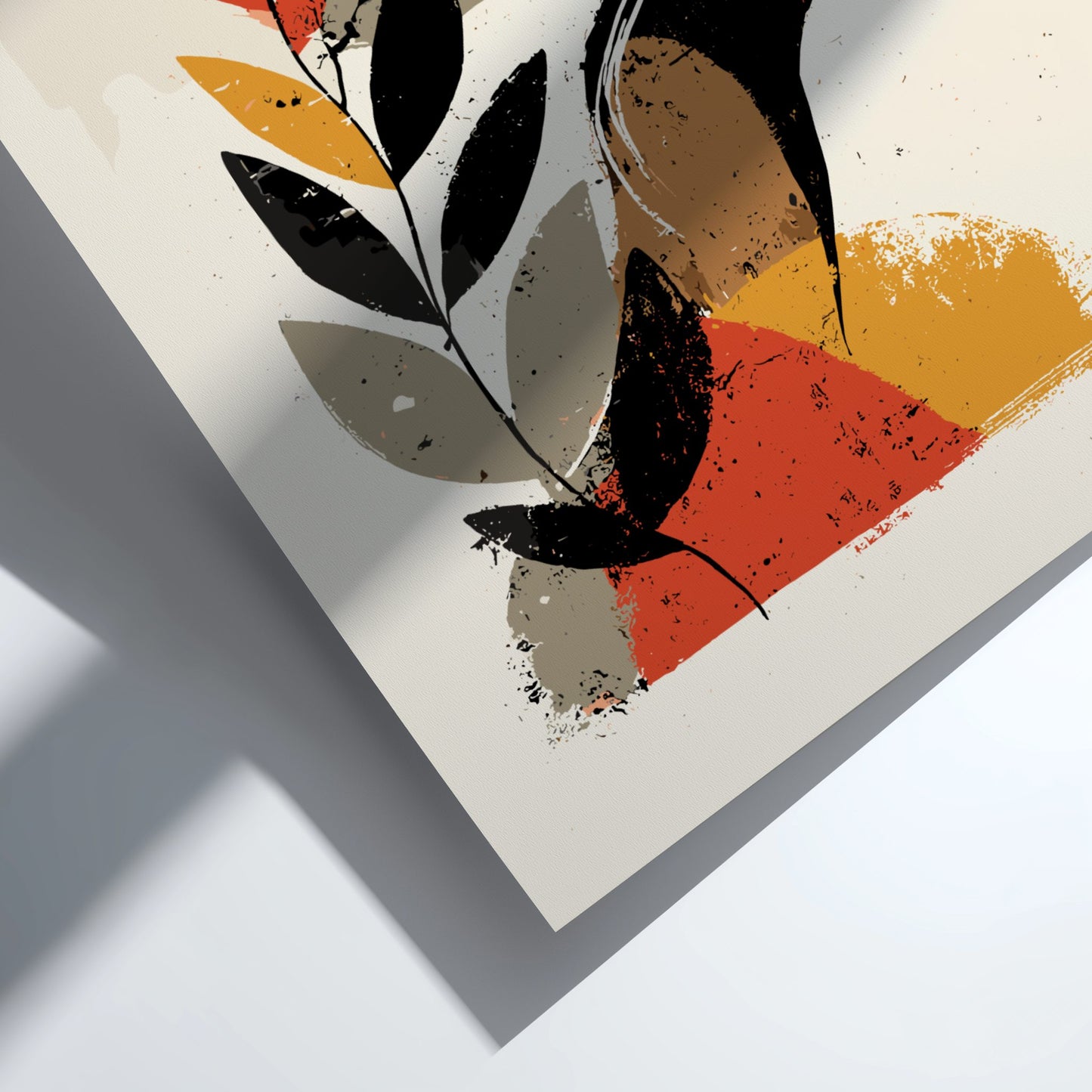 Abstract art piece with black butterfly and colorful leaves on a light background