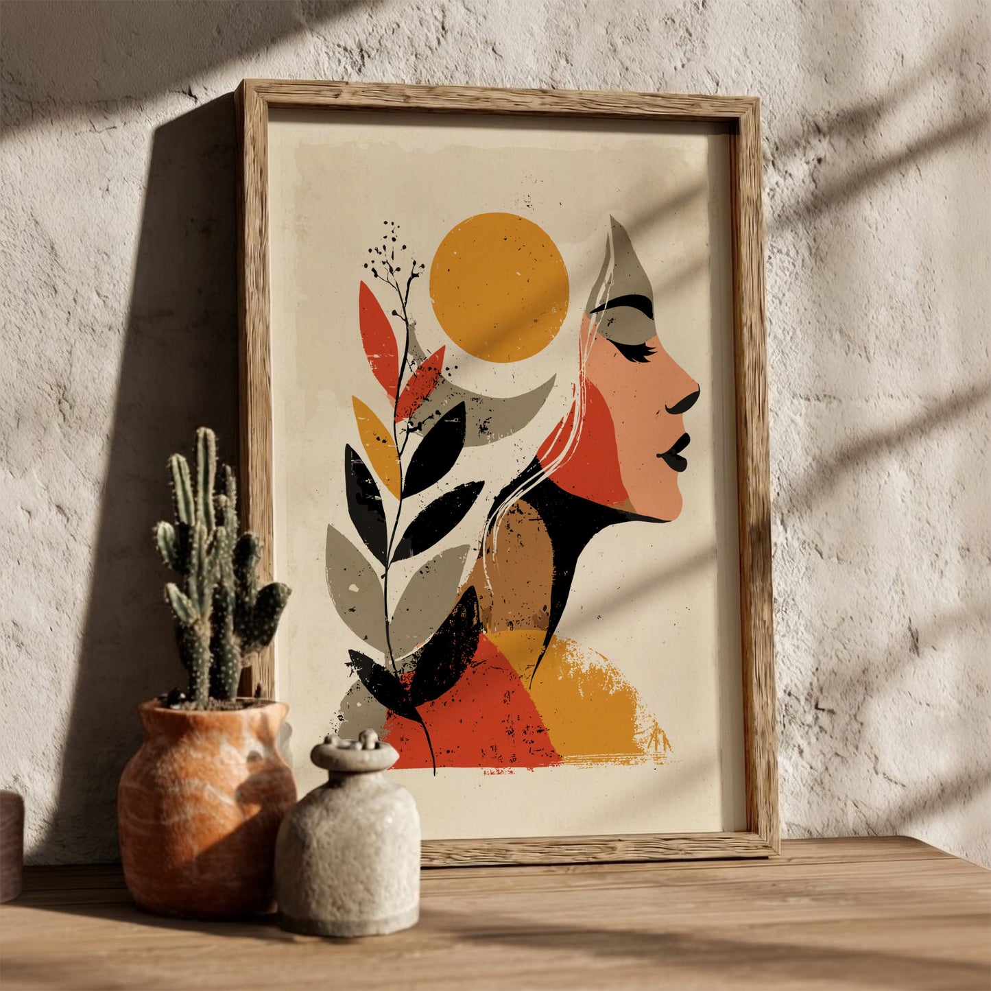 Framed abstract art print of a face with leaves and a sun on a textured wall.