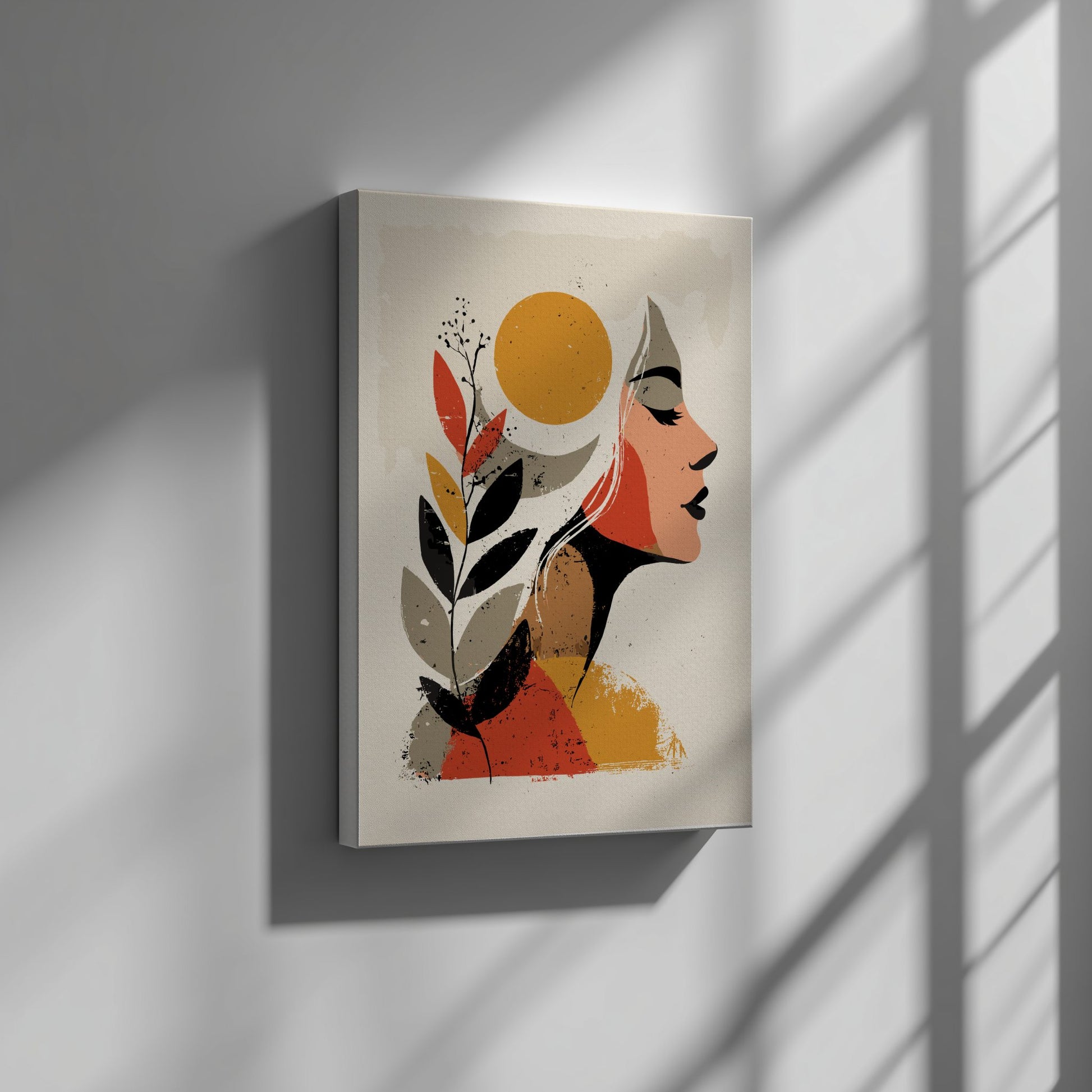 Abstract canvas print of a stylized face with leaves and a sun on a beige background, hanging on a wall.