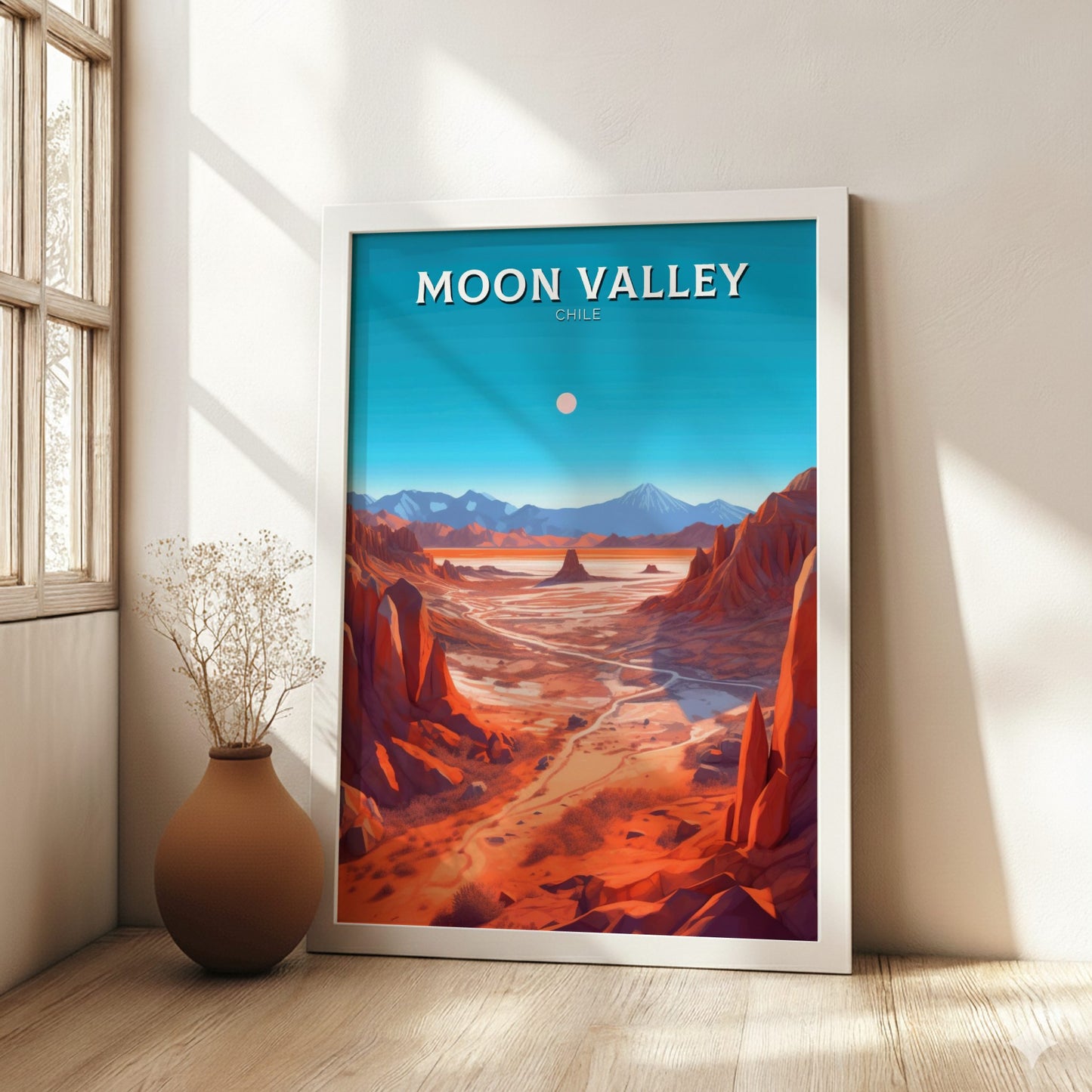 Moon Valley Travel Poster - White Wooden Frame