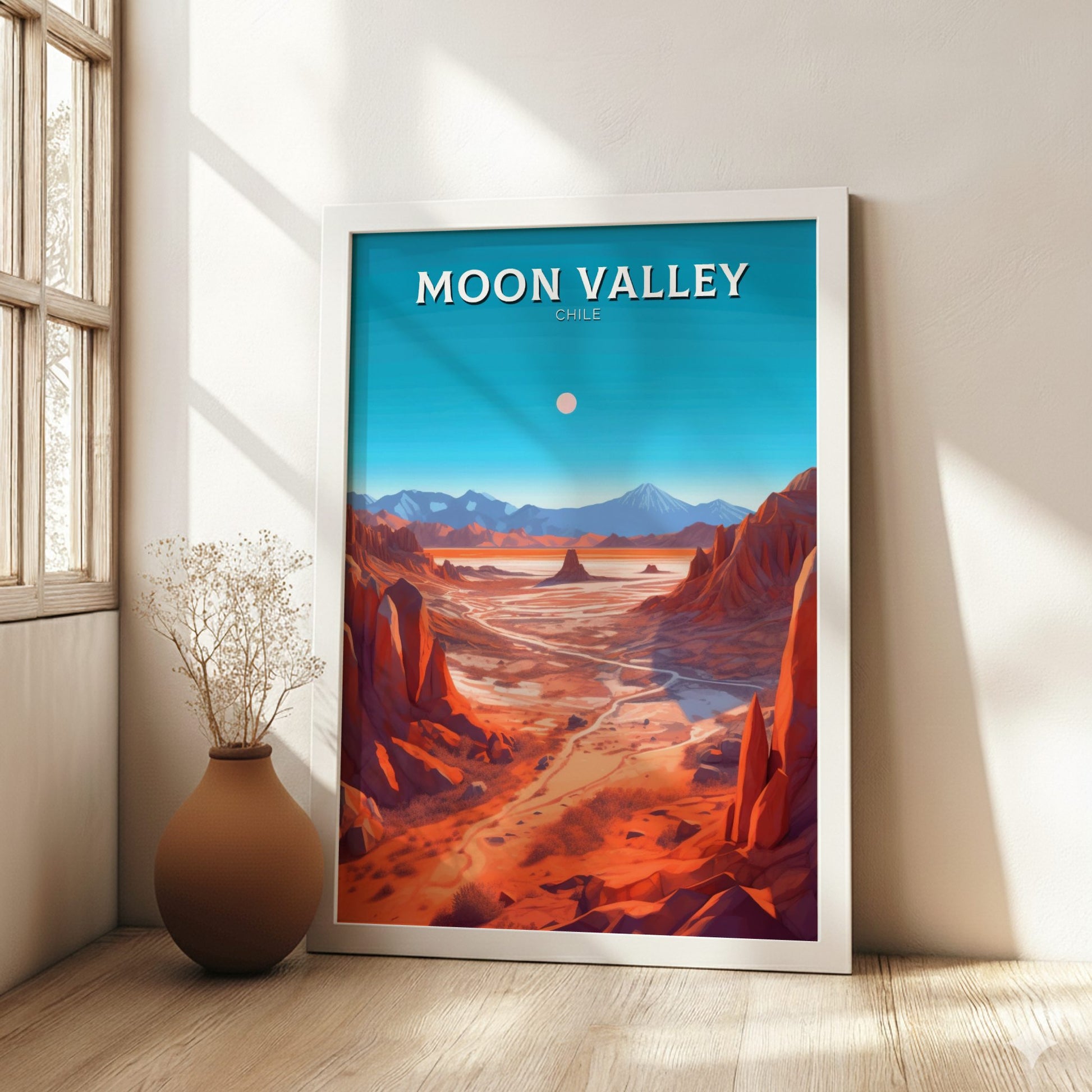 Moon Valley Travel Poster - White Wooden Frame
