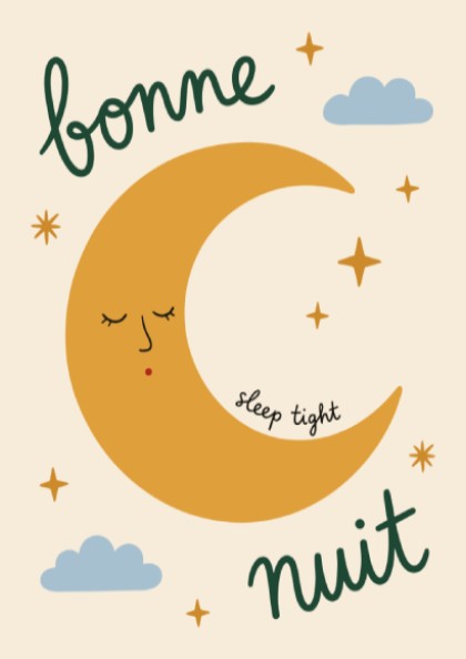 Kids room poster featuring a golden crescent moon with a face, clouds, and stars in warm colors.