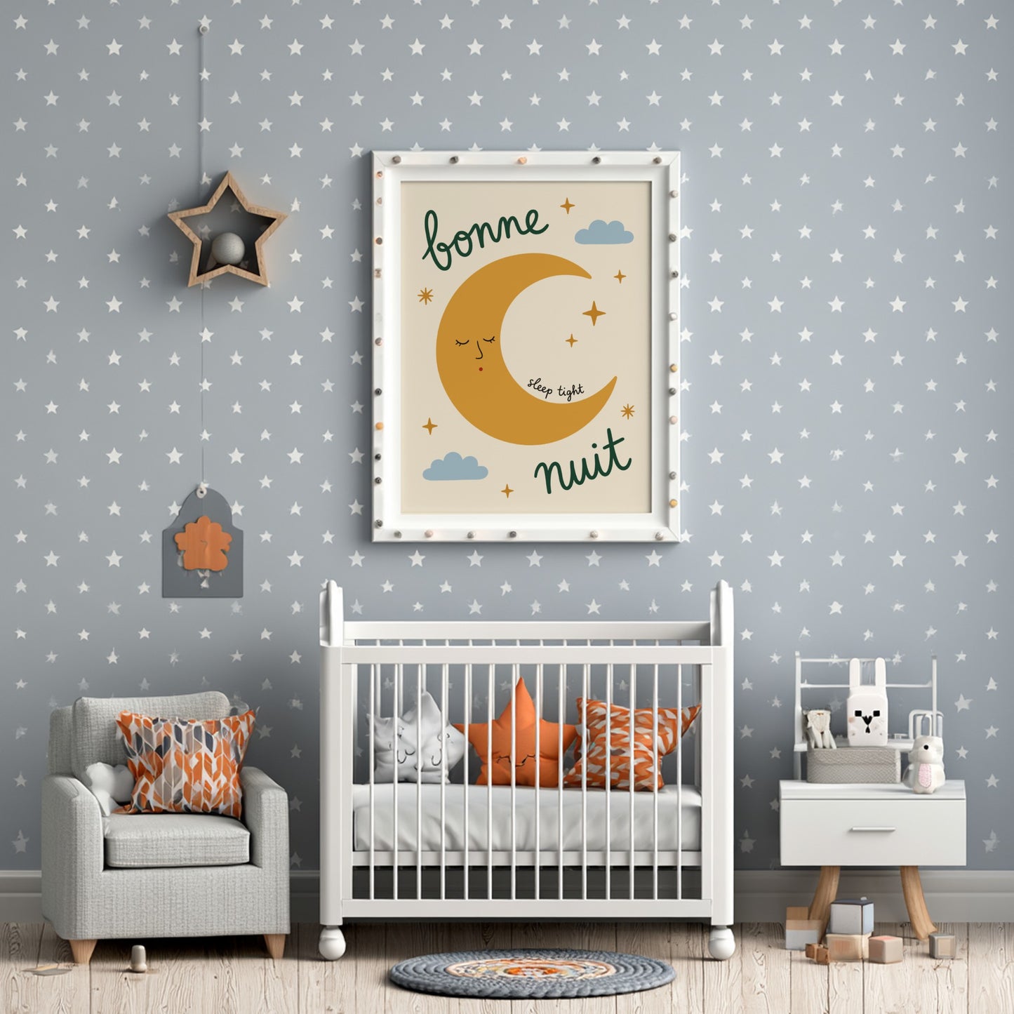 Kids room poster featuring a golden crescent moon with a face, clouds, and stars in warm colors.