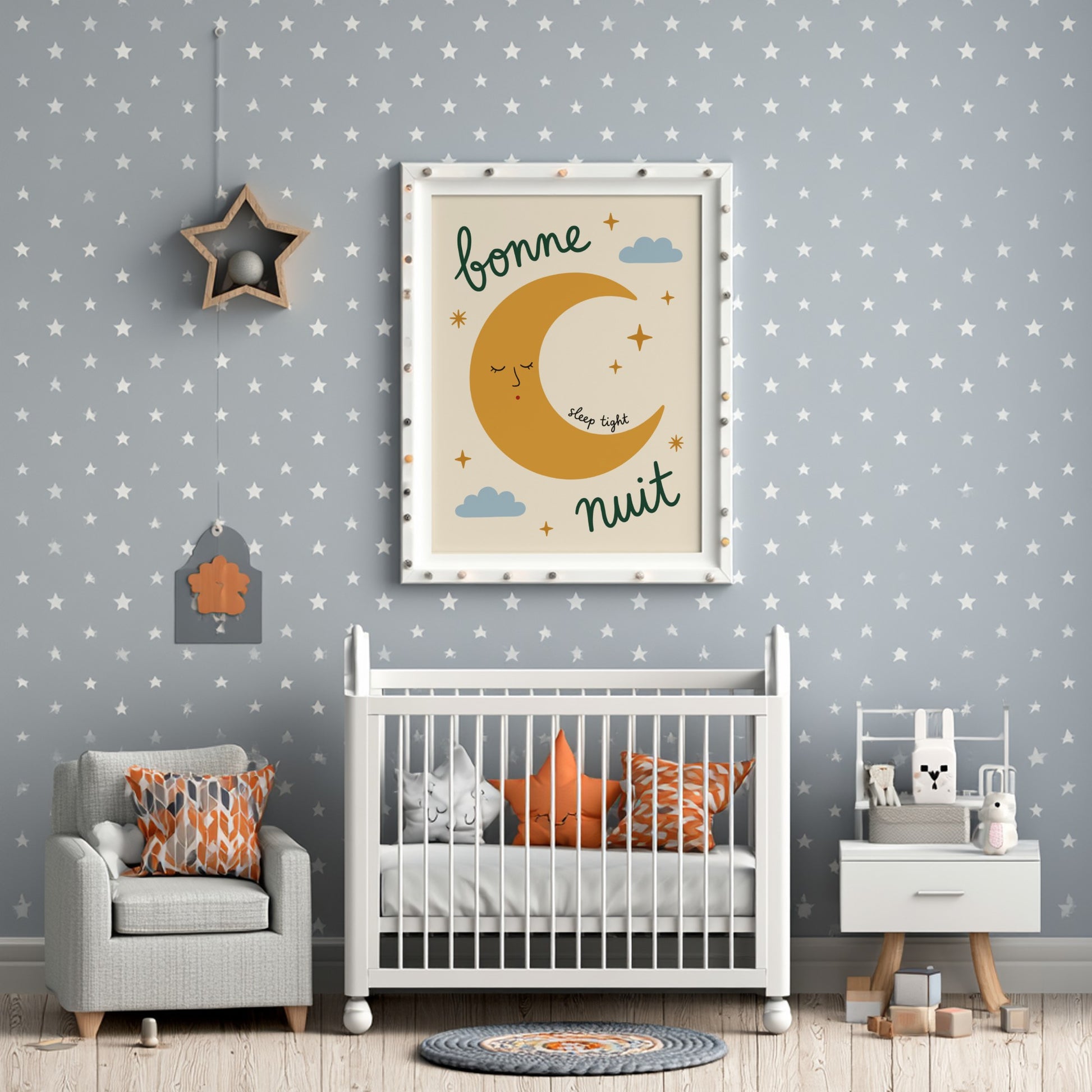 Kids room poster featuring a golden crescent moon with a face, clouds, and stars in warm colors.