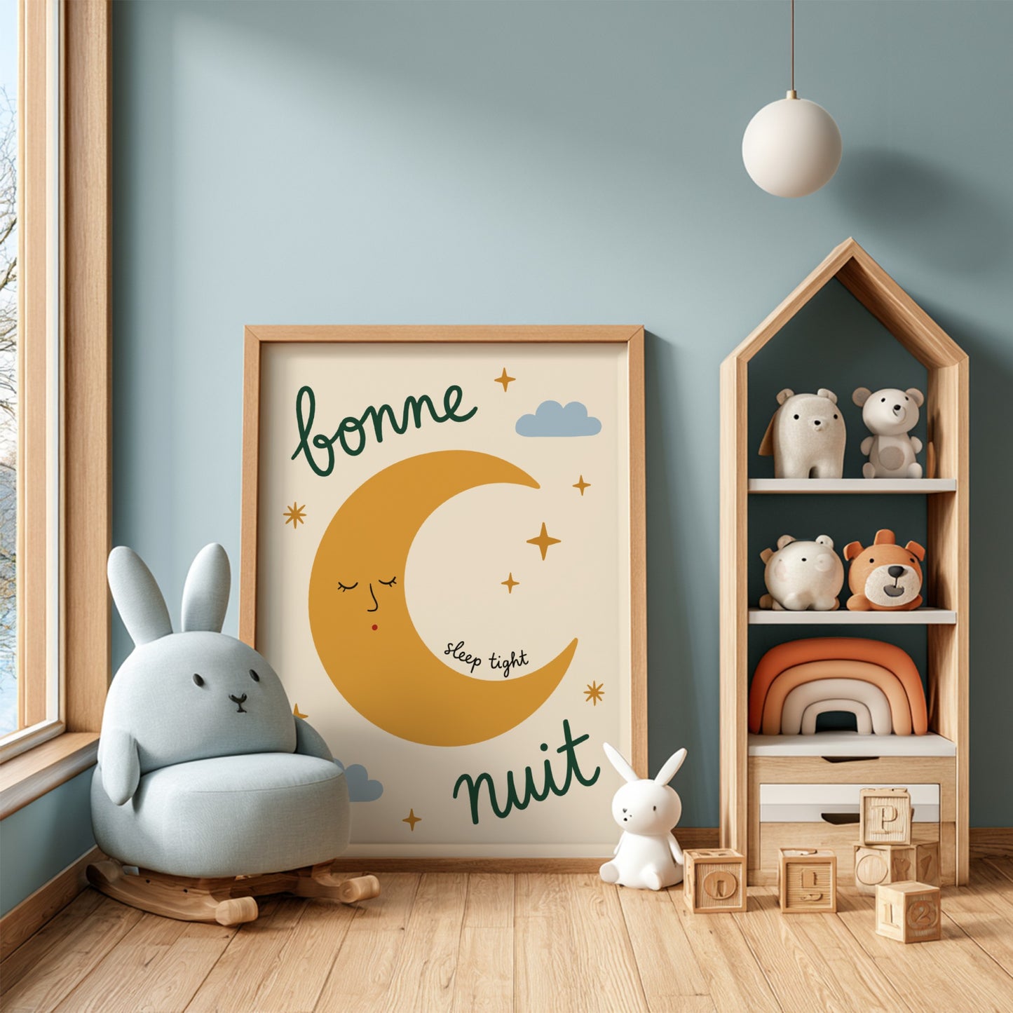 Kids room poster featuring a golden crescent moon with a face, clouds, and stars in warm colors.