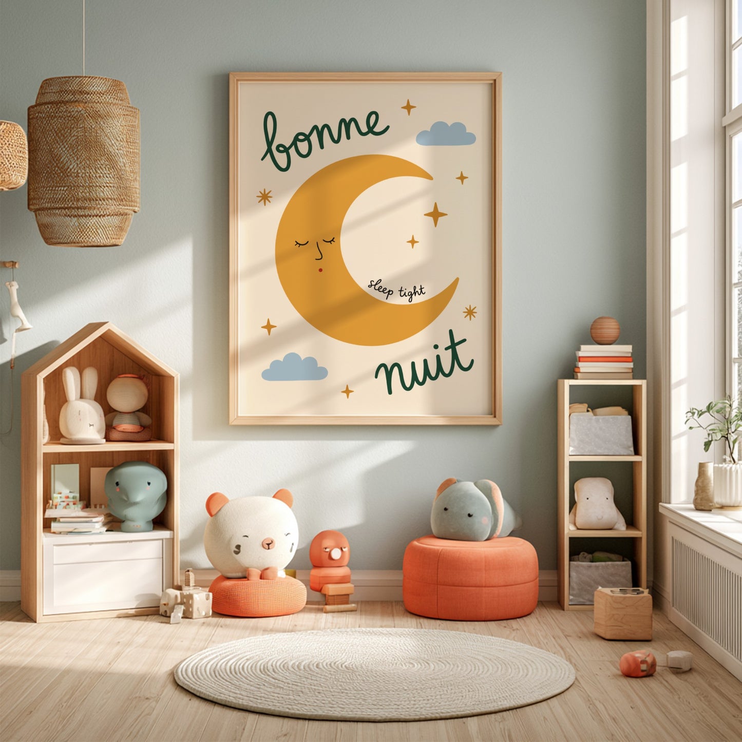 Kids room poster featuring a golden crescent moon with a face, clouds, and stars in warm colors.