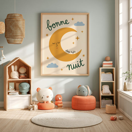 Kids room poster featuring a golden crescent moon with a face, clouds, and stars in warm colors.