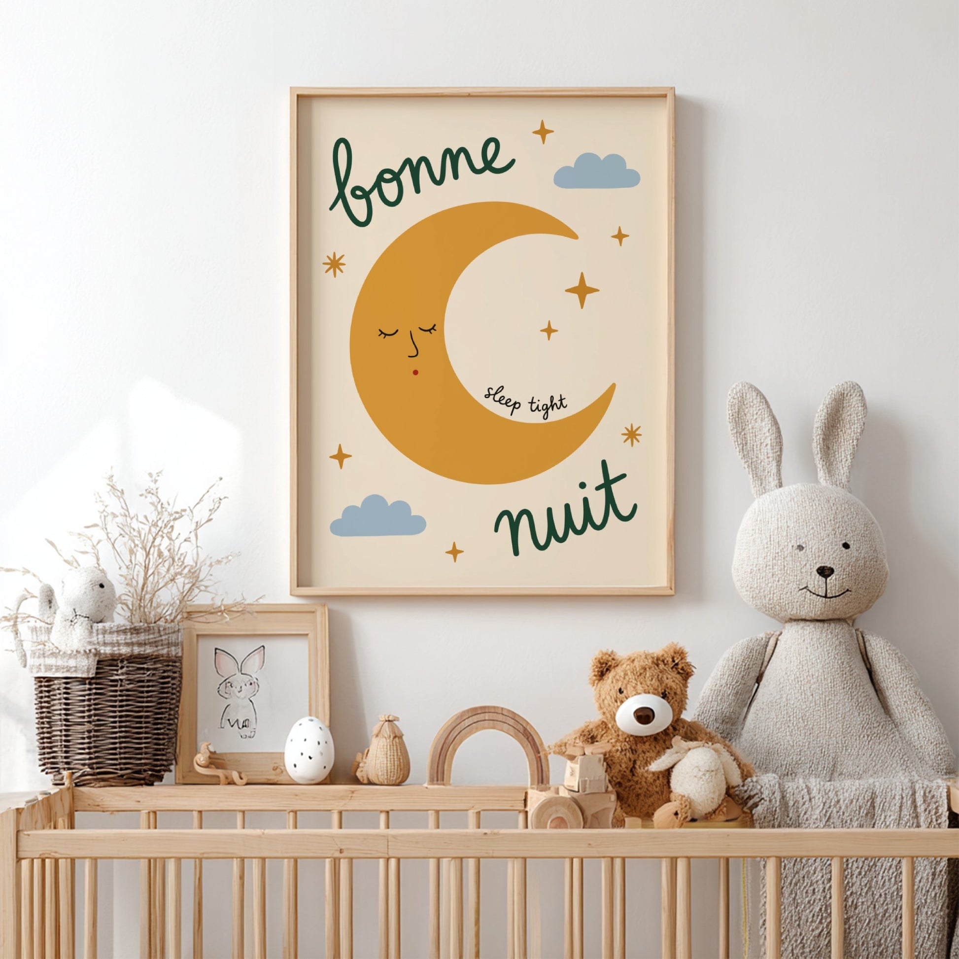 Kids room poster featuring a golden crescent moon with a face, clouds, and stars in warm colors.