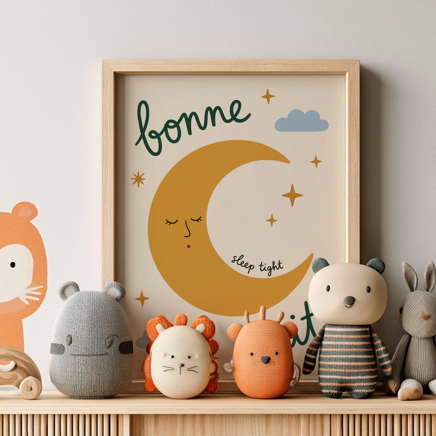Kids room poster featuring a golden crescent moon with a face, clouds, and stars in warm colors.