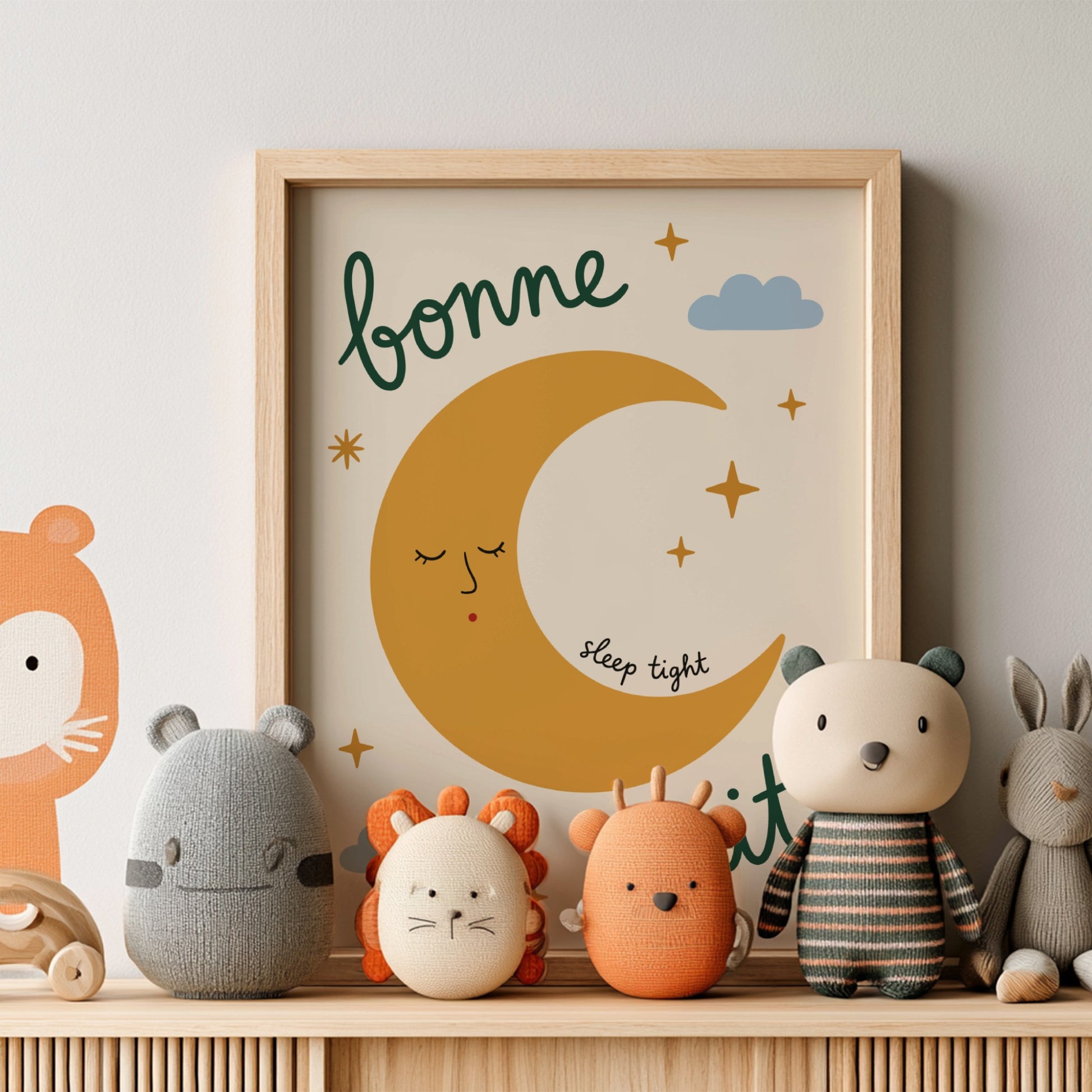 Kids room poster featuring a golden crescent moon with a face, clouds, and stars in warm colors.