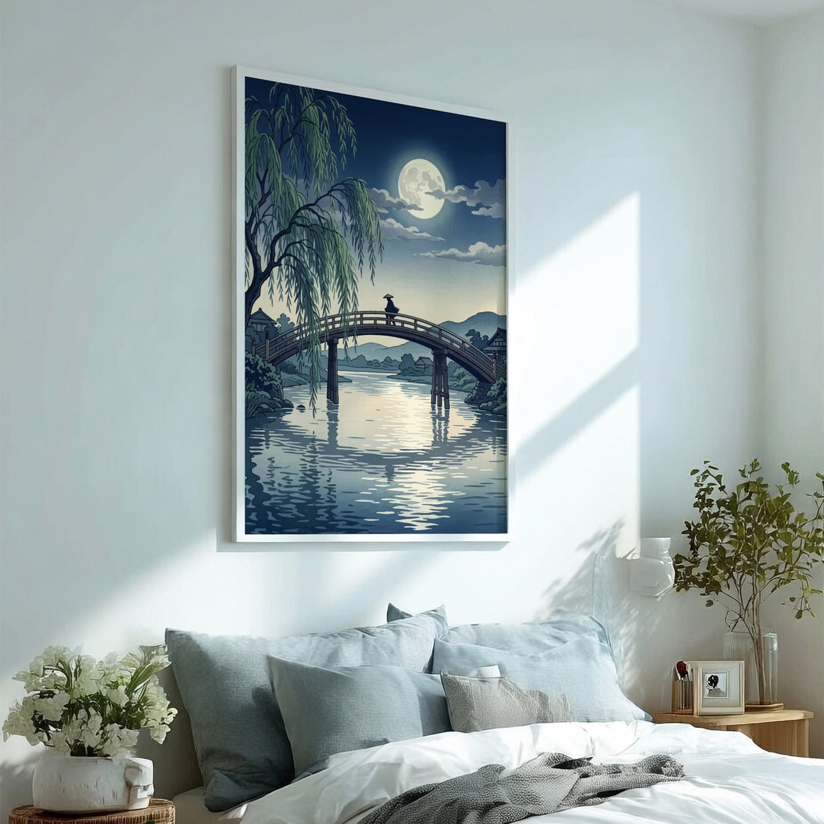 Poster featuring a moonlit Japanese bridge with a lone traveler under a willow tree.